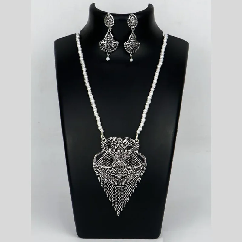 Mahavir Oxidised Plated Long Pearls Necklace Set