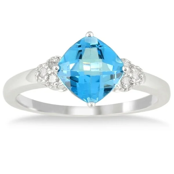 1 3/4 Carat Cushion Cut Blue Topaz and Diamond Ring in 10K White Gold