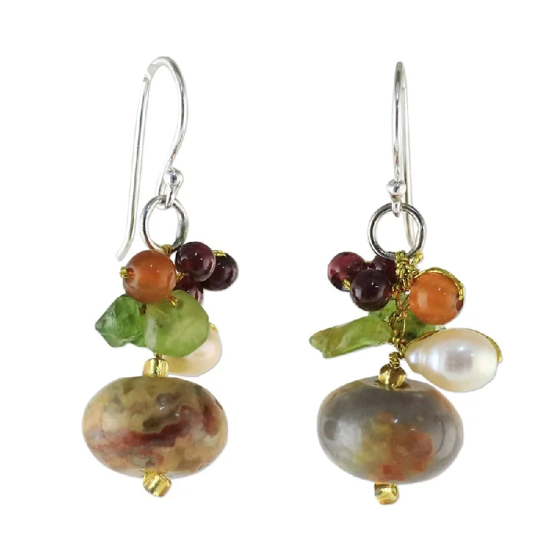 Jasper and Cultured Pearl Dangle Earrings, 'Exotic Cluster' - 1.4*0.6