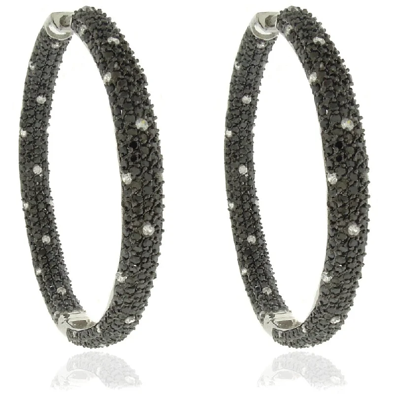 Dolce Giavonna Silverplated Cubic Zirconia Black and White Dotted Hoop Earrings