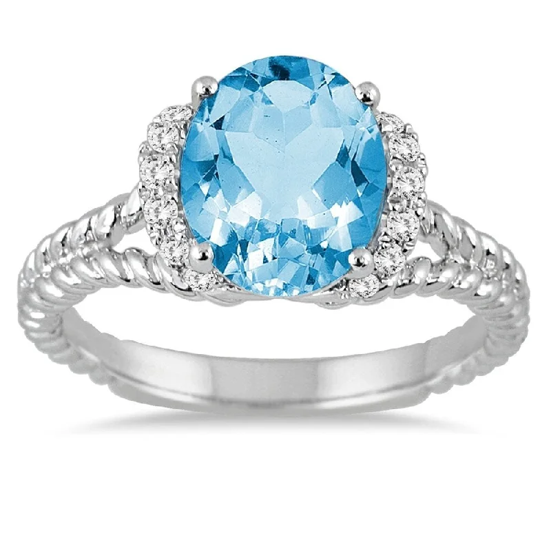 2 1/4 Carat Oval Blue Topaz and Diamond Ring in 14K White Gold