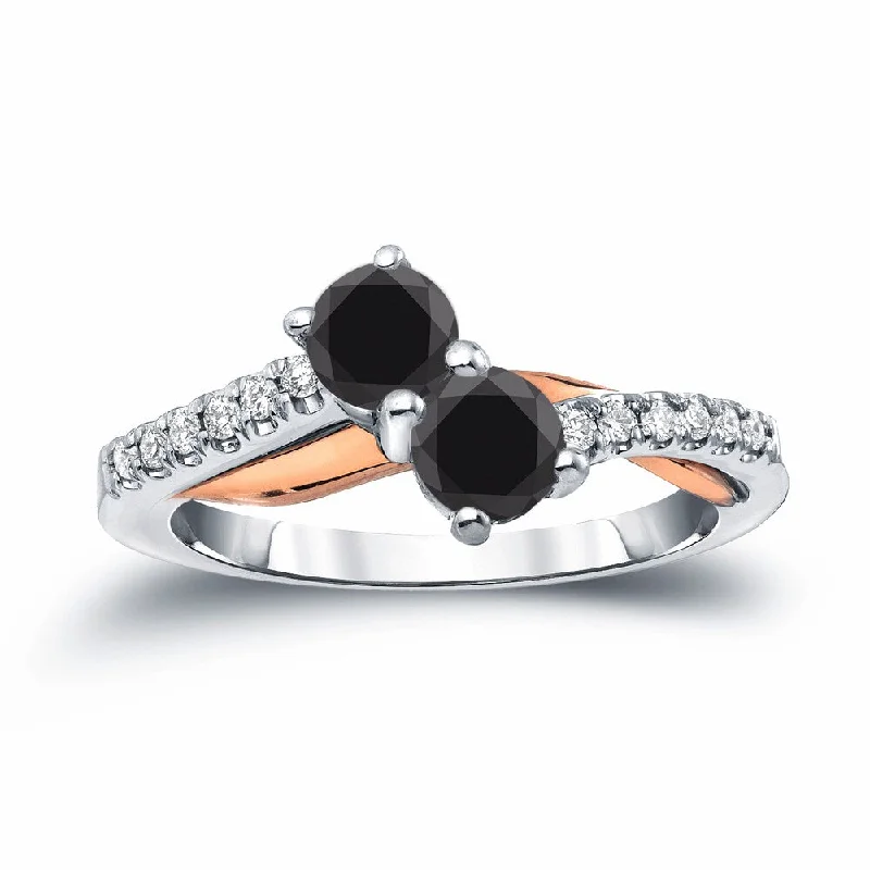 14k Two-Tone Rose Gold 1ct TDW Round Two Stone Black Diamond Ring by Auriya