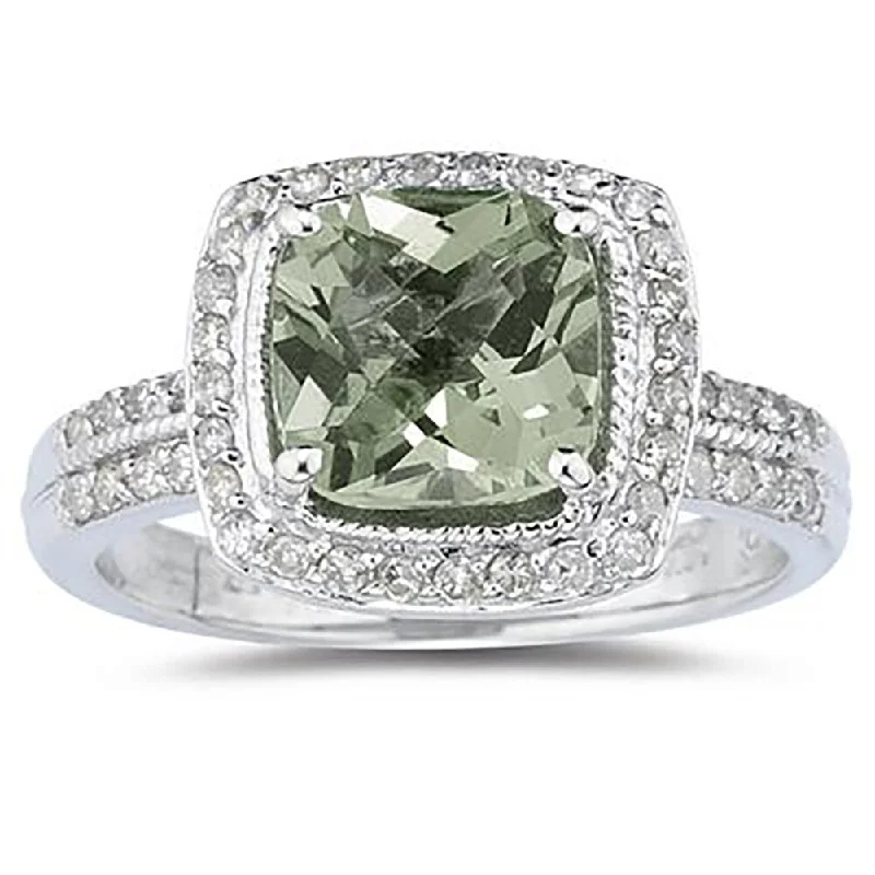 2 1/2 Carat Cushion Cut Green Amethyst & Diamond Ring in 14K White Gold