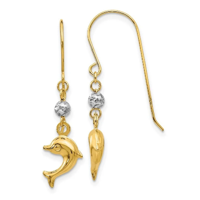 Curata 14k Two Tone Gold 33x8mm Puffed Dolphin Shepard Hook Earrings