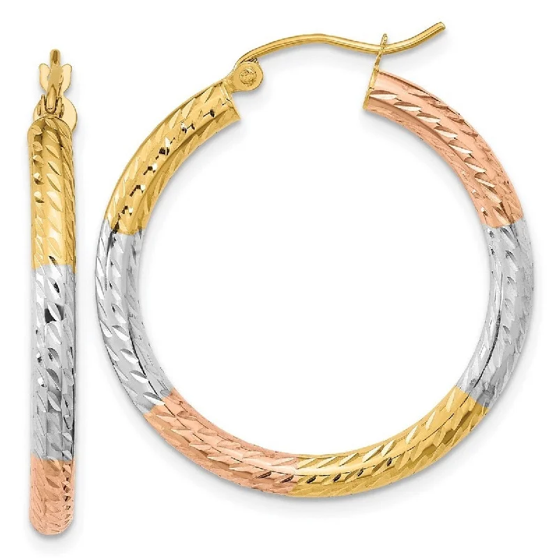 Curata 14k Yellow Gold With White and Rose Rhodium Polished And Sparkle Cut Hoop Earrings