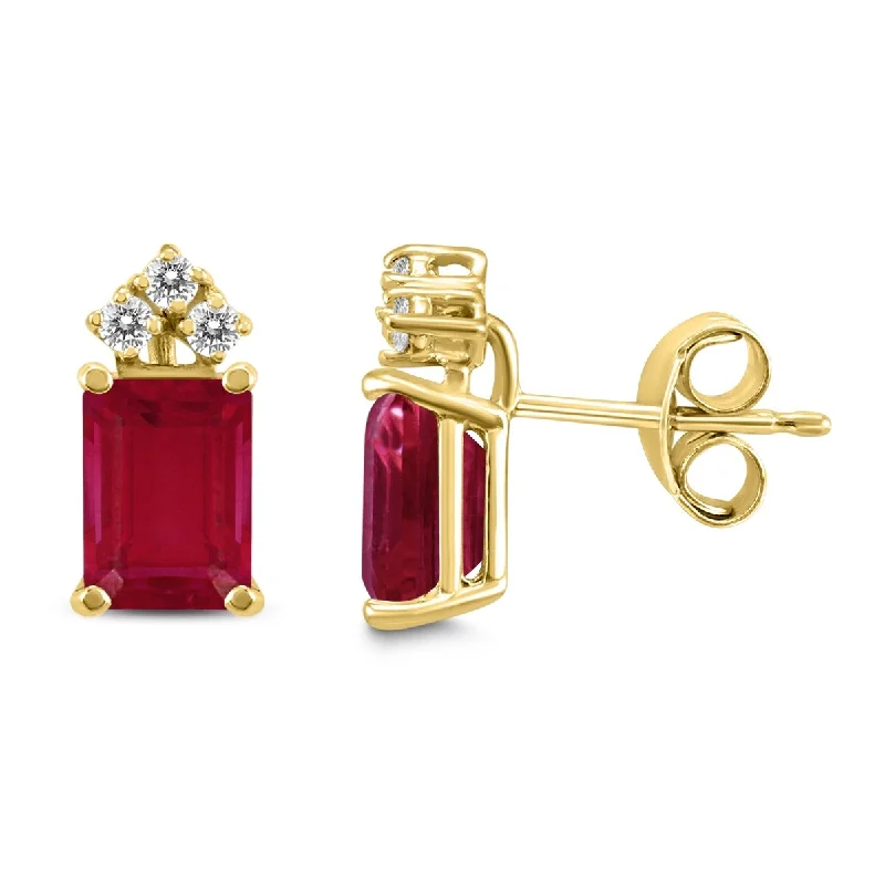 Marquee 14K Yellow Gold 5x3MM Emerald Shaped Ruby and Diamond Earrings