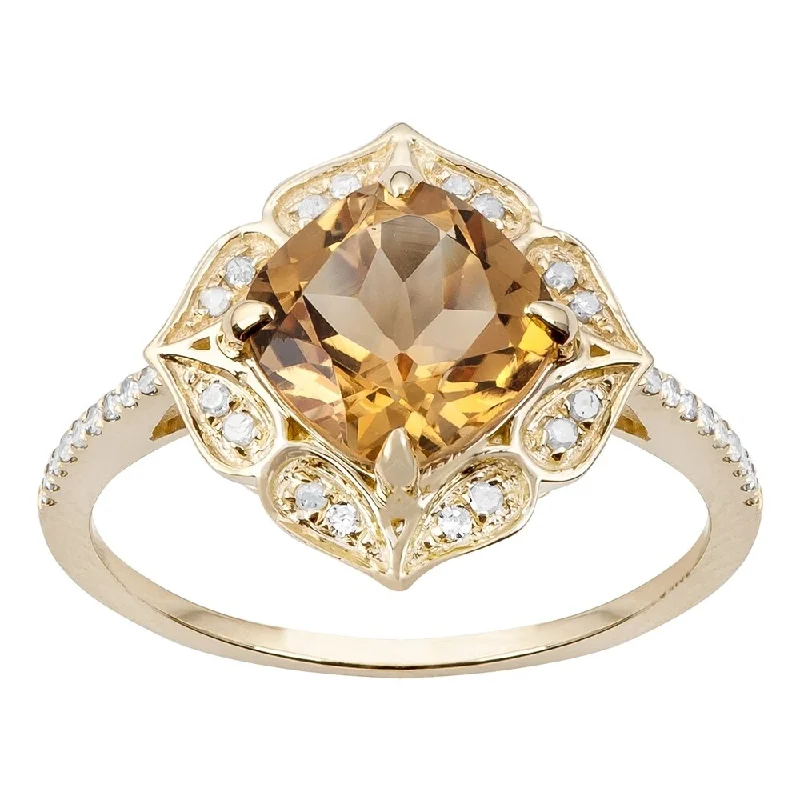 Viducci 10k Yellow Gold Vintage Style Cushion Citrine and Diamond Ring