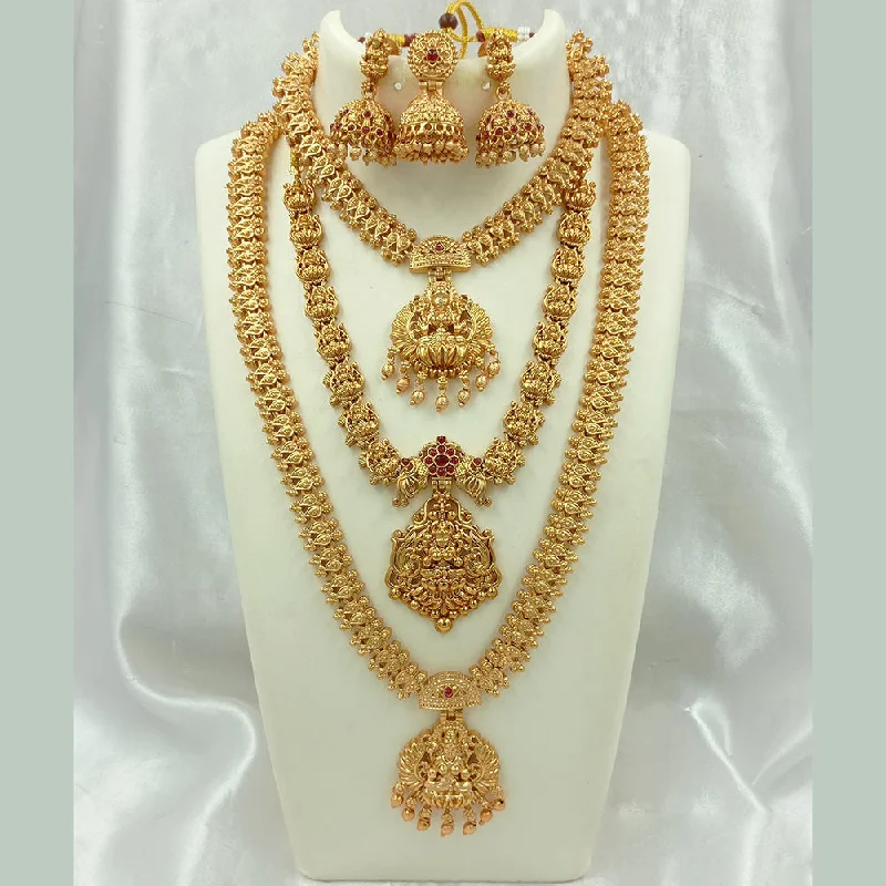 Joyful Jewel Art Matte Gold Plated Pota Stone Long Temple Necklace Combo