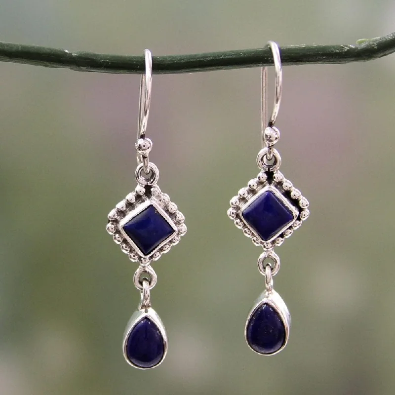 Handmade Sterling Silver Queen of Diamonds Lapis Lazuli Dangling Earrings (India)