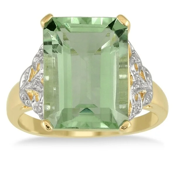 7 Carat Emerald Cut Green Amethyst and Diamond Ring 10K Yellow Gold