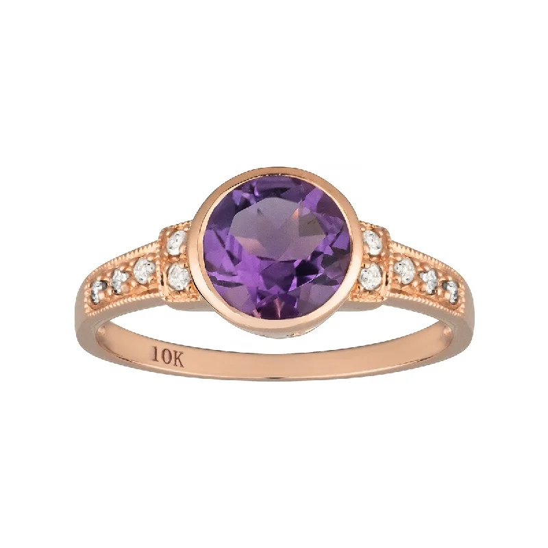 Viducci 10k Rose Gold Vintage Style Genuine Round Amethyst and Diamond Ring