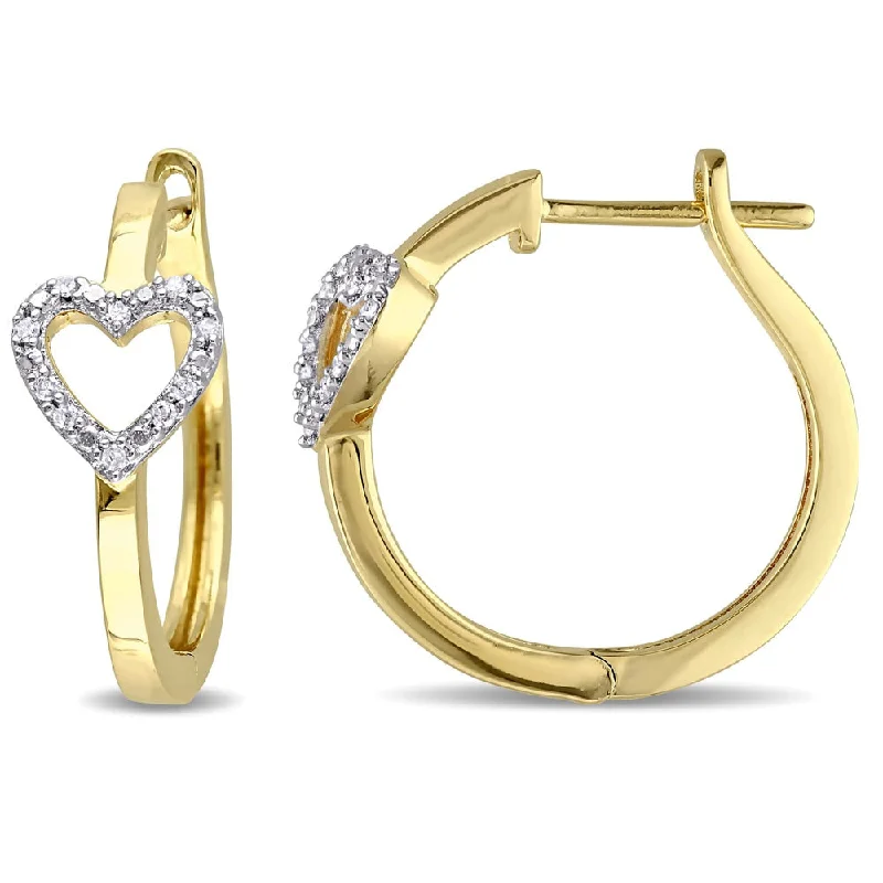 Miadora Yellow Plated Sterling Silver 1/10ct TDW Diamond Hoop Heart Earrings - White