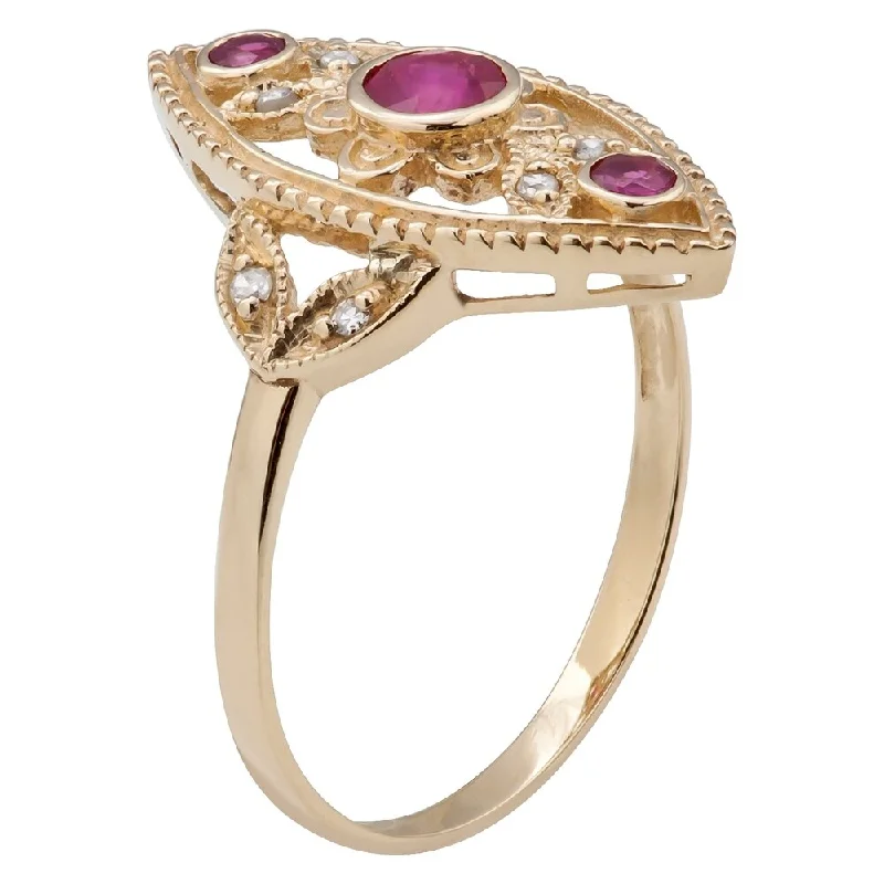 Viducci 10k Yellow Gold Vintage Style Genuine Ruby and Diamond Ring