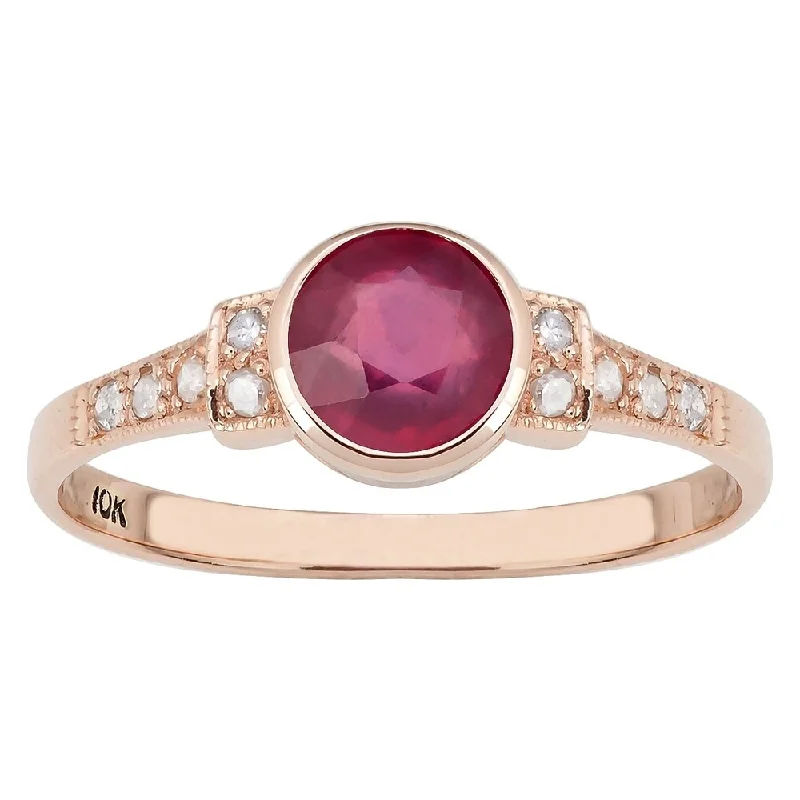 Viducci 10k Rose Gold Vintage Style Genuine Ruby and Diamond Ring