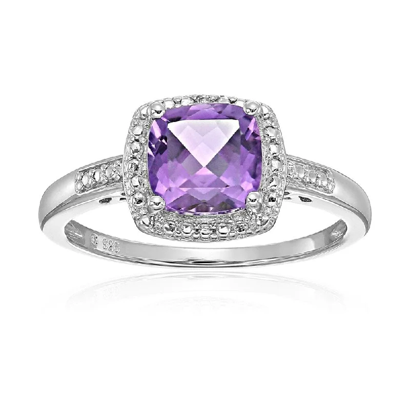 Sterling Silver Cushion Amethyst and Diamond Ring