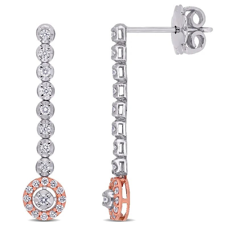 Miadora 14k 2-Tone White and Rose Gold 1/3ct TDW Circular Halo Drop Earrings - 26.6 mm x 5.9 mm x 3.1 mm