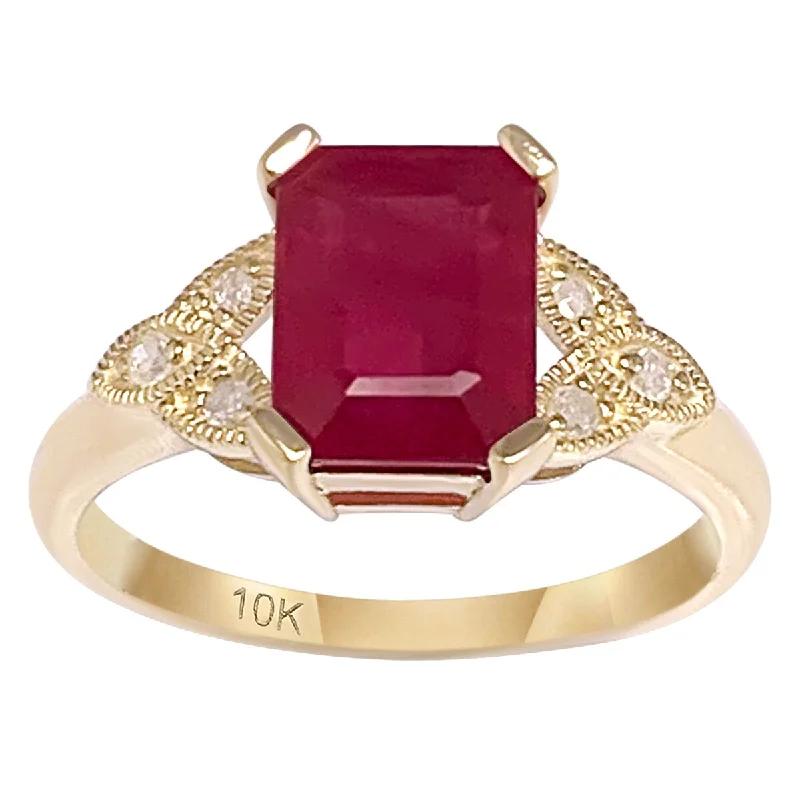 Viducci 10k Yellow Gold Vintage Style Genuine Ruby and Diamond Ring