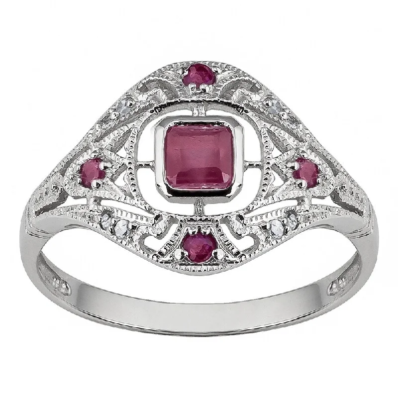 Viducci 10k White Gold Vintage Style Genuine Ruby and Diamond Ring - Red