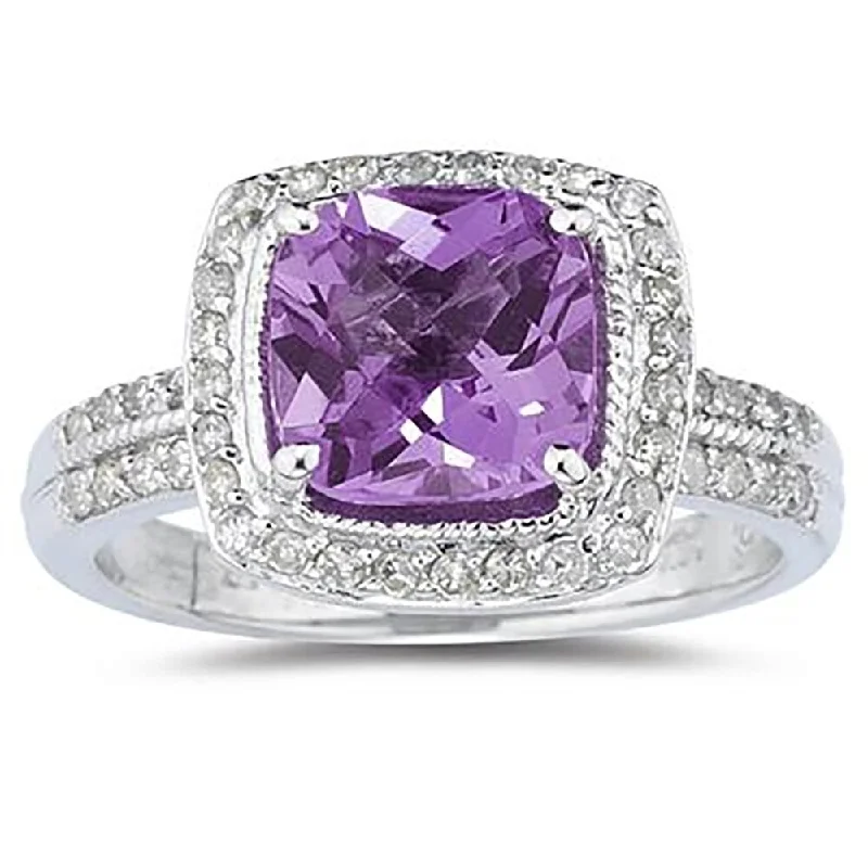 2 1/2 Carat Cushion Cut Amethyst & Diamond Ring in 14K White Gold