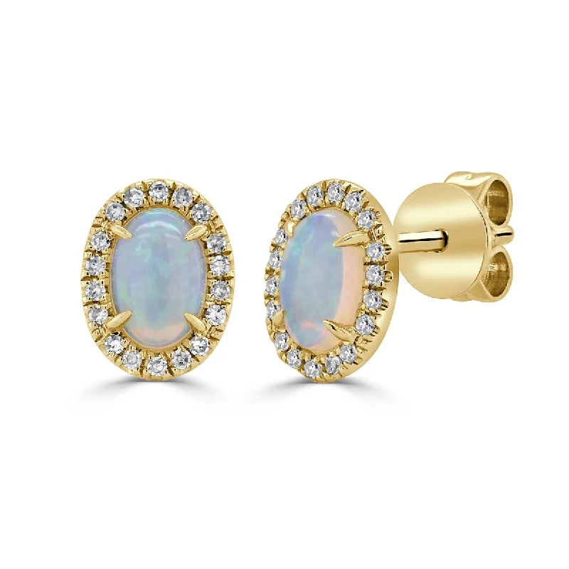 Joelle Opal & Diamond Stud Earrings 14K Gold 6x8mm