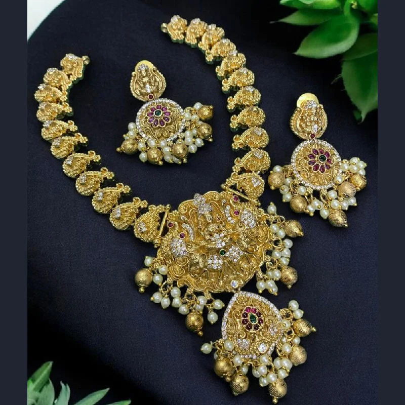 Sona Creation Gold Plated Austrian Stone And Pearls Temple Necklace Set