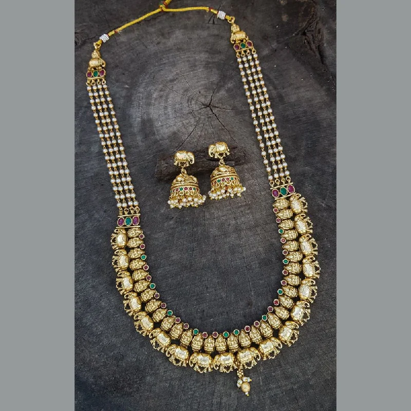 Sangita Creation  Copper Gold  Pota Stone Temple Long  Necklace Set