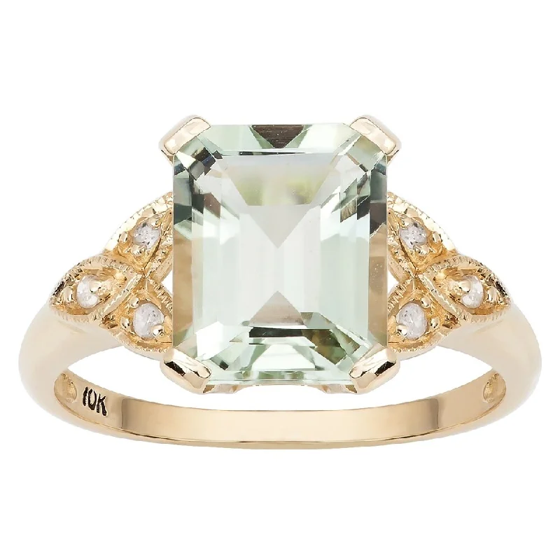 Viducci 10k Yellow Gold Vintage Style Green Amethyst and Diamond Ring