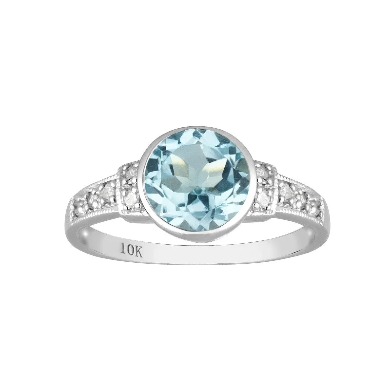 Viducci 10k White Gold Vintage Style Genuine Round Blue Topaz and Diamond Ring