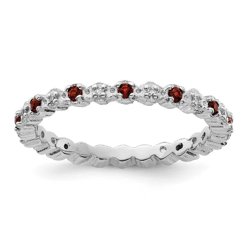 Curata 925 Sterling Silver Polished Prong set Stackable Expressions Garnet and Diamond Ring