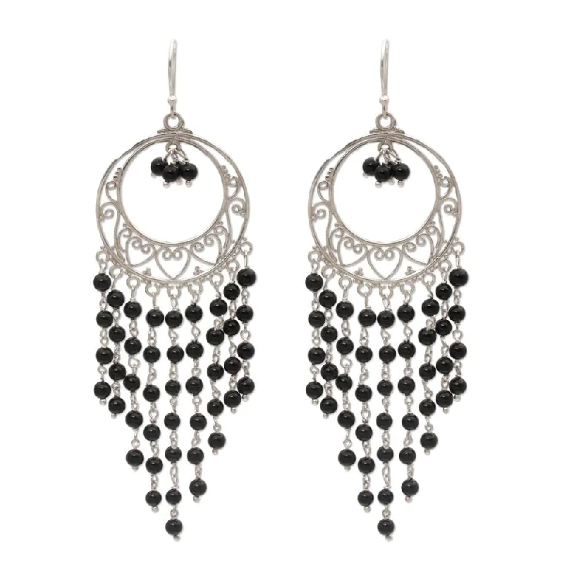 Sterling Silver 'Raining Dreamcatchers' Onyx Earrings - 3.3L*1.2W