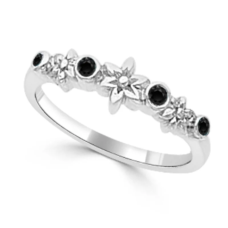 Auriya Stackable Flower Carved Accent Black Diamond Ring 1/10ct TDW 10K Gold