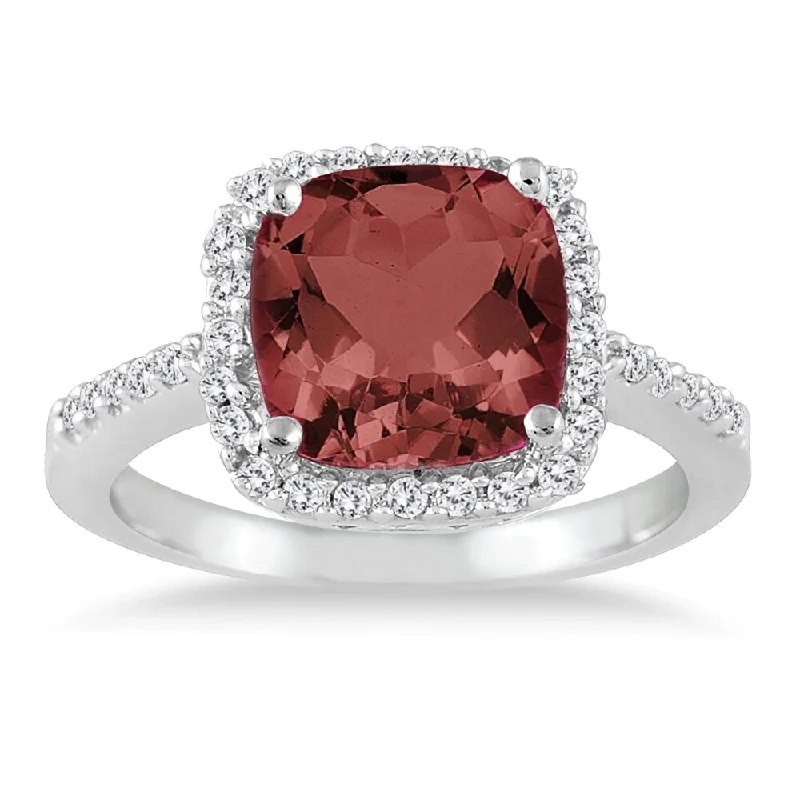 2 1/2 Carat Cushion Cut Garnet and Diamond Ring 14K White Gold