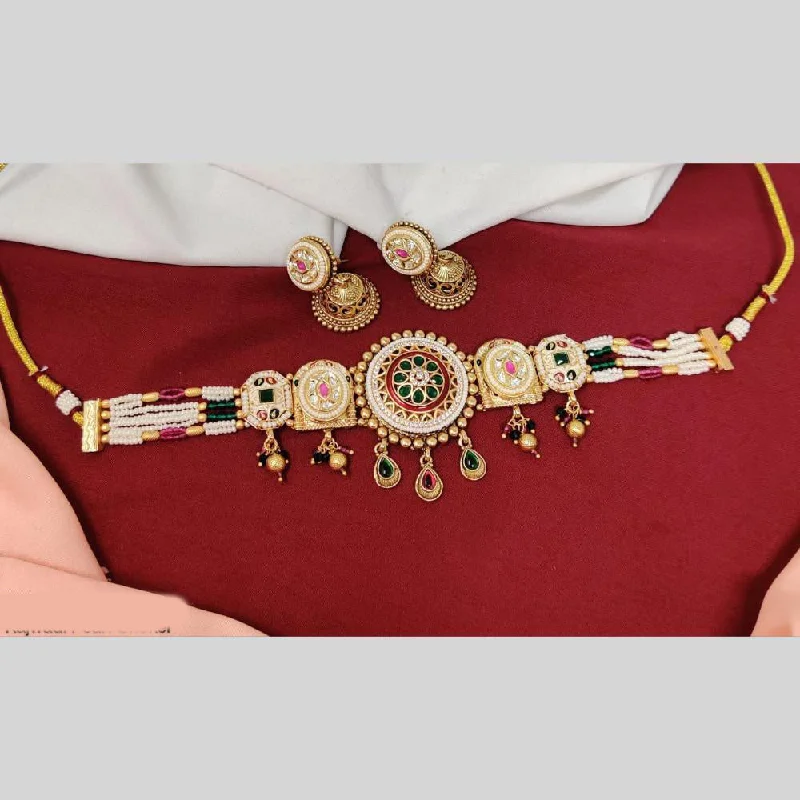 Anjali Jewellery Gold Plated Pota Stone And Meenakari Beads Choker Necklace Set