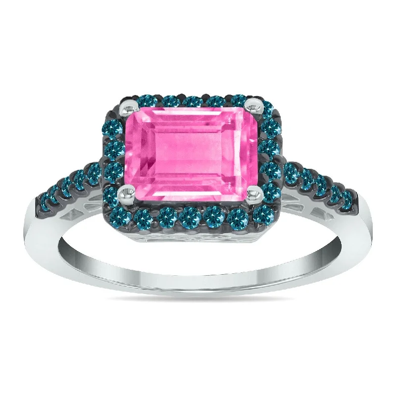 Marquee Jewels 2 1/2 Carat Emerald Cut Pink Topaz and 1/3 CTW Blue Diamond Ring in 10K White Gold