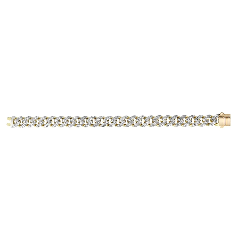 14kt Gold 8.25 inches Yellow Finish 11.5mm White Pave Curb Link Bracelet with Box Clasp with 1.1000ct 1.35mm White Diamond