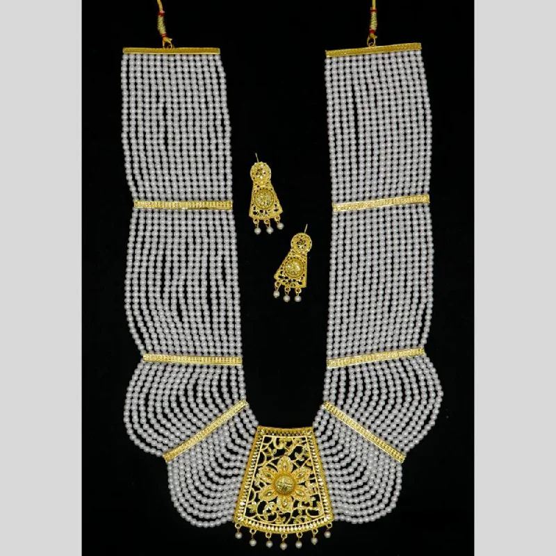 Mahavir Gold Plated Pearls Long Necklace Set