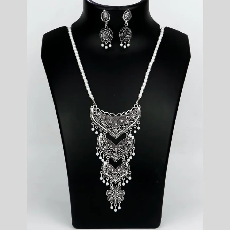 Mahavir Oxidised Plated Long Pearls Necklace Set