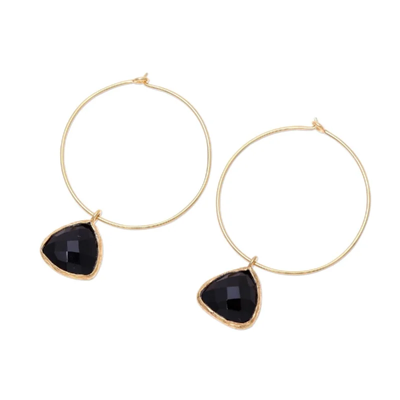 NOVICA Elegant Embrace, Gold plated onyx dangle hoop earrings - 1.8*1.3