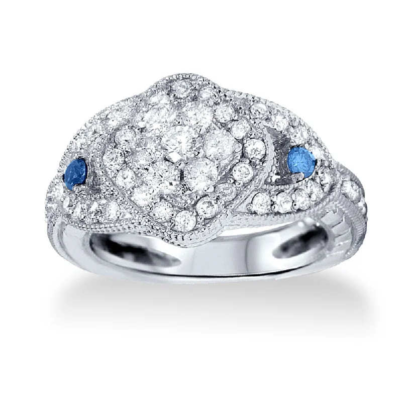 14k White Gold 0.79ct TDW Vintage-style Diamond Ring with Blue Diamond Accent