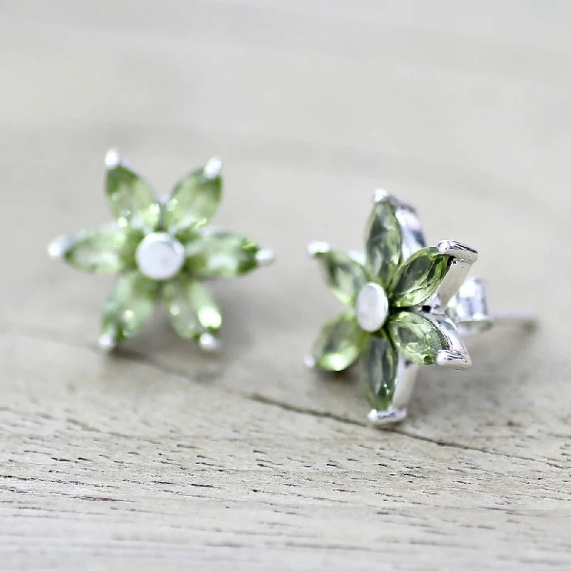 NOVICA Handmade Sterling Silver Summer Blossom Peridot Earrings (India)