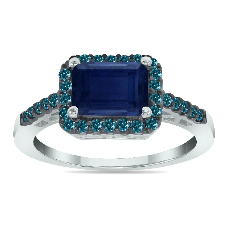 Marquee Jewels 2 1/2 Carat Emerald Cut Sapphire and 1/3 CTW Blue Diamond Ring in 10K White Gold