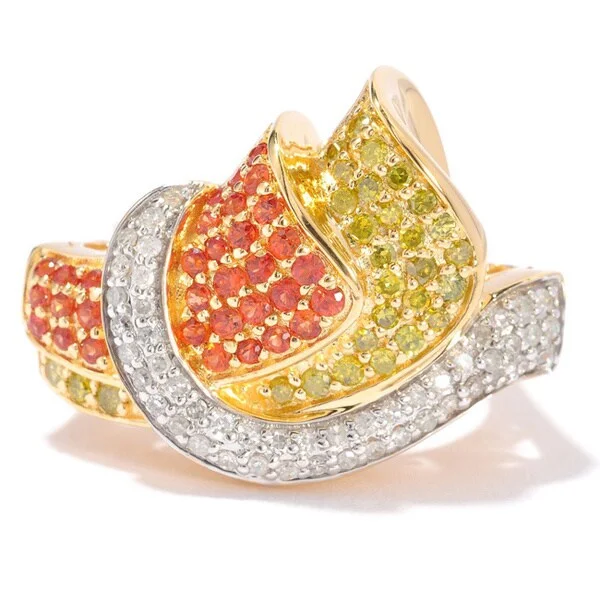 18K Gold over Silver Orange and Yellow Sapphire, and Diamond Ring