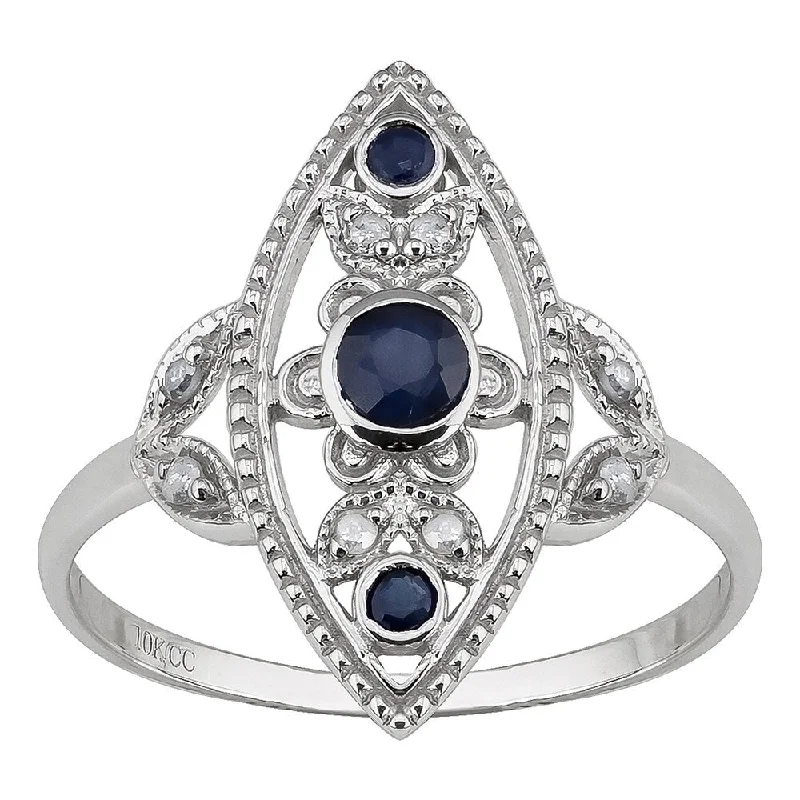 Viducci 10k White Gold Vintage Style Genuine Sapphire and Diamond Ring - Blue