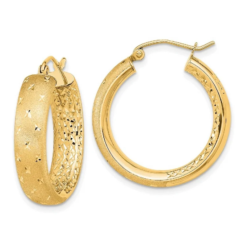 Curata 14k Yellow Gold Satin and Diamond Cut In Out Hoop Earrings 26x5.75mm