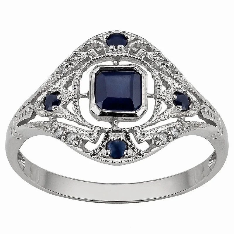 Viducci 10k White Gold Vintage Style Genuine Sapphire and Diamond Ring - Blue