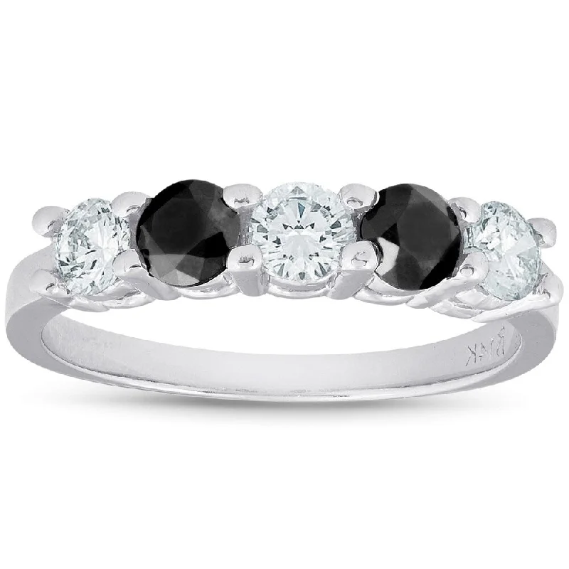 1 CT Treated Black & White Five Stone Diamond Ring 14K White Gold