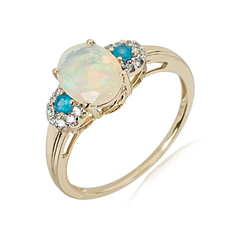 14Kt Yellow Gold Ethiopian Opal, Pink Tourmaline, Diamond Ring