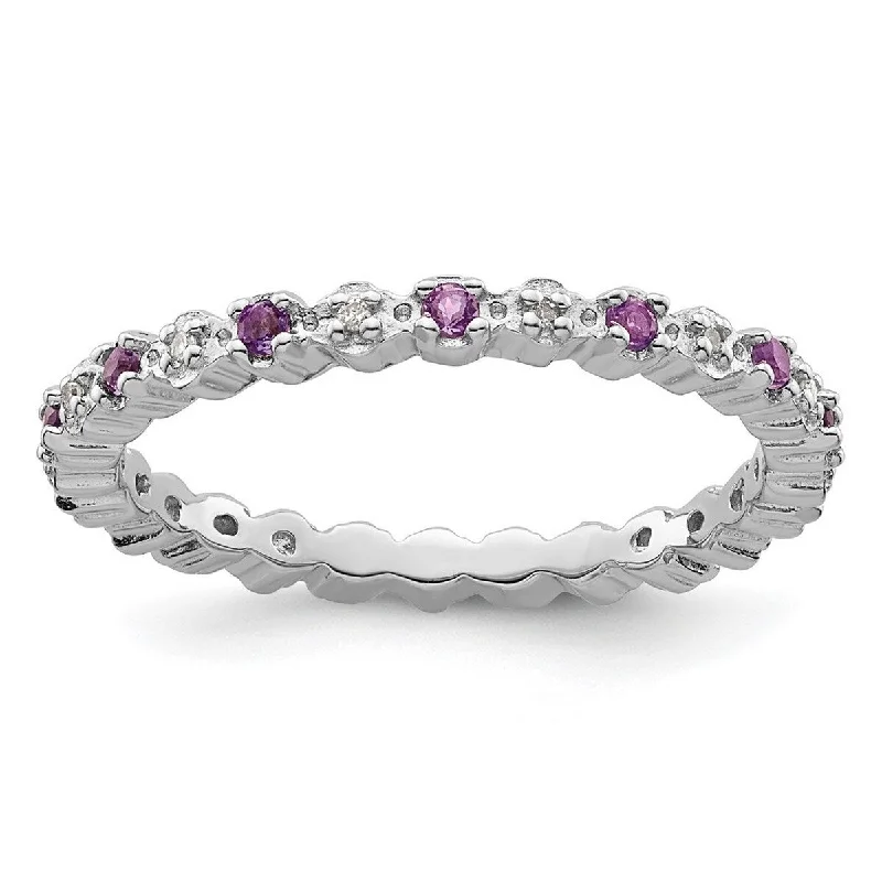 Curata 925 Sterling Silver Polished Prong set Stackable Expressions Amethyst and Diamond Ring