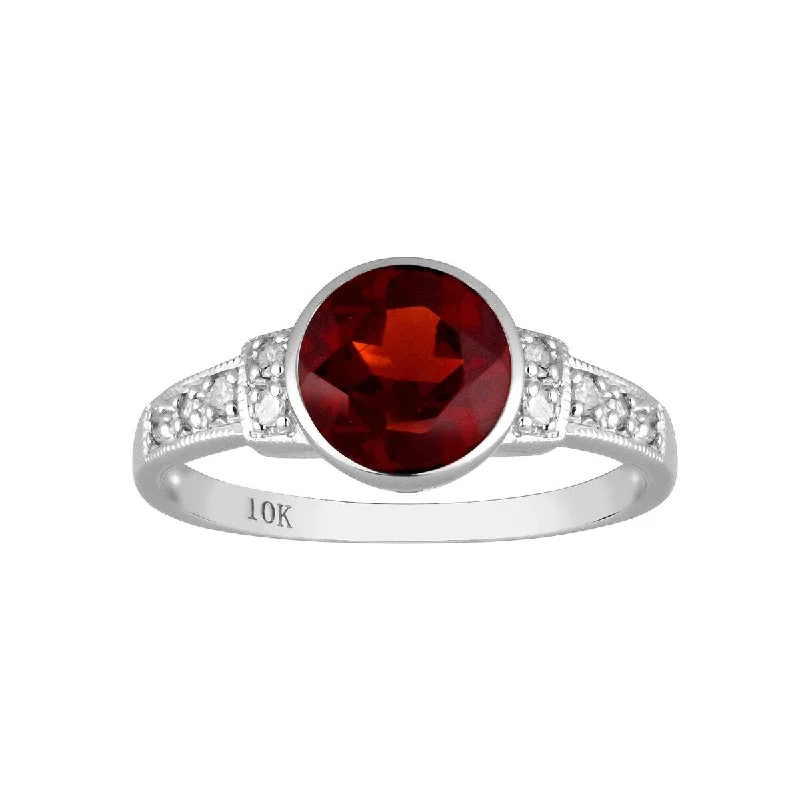 Viducci 10k White Gold Vintage Style Genuine Round Garnet and Diamond Ring