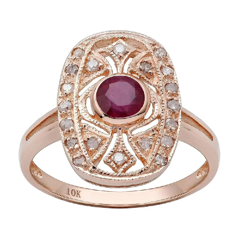 Viducci 10k Rose Gold Vintage Style Genuine Round Ruby and Diamond Ring